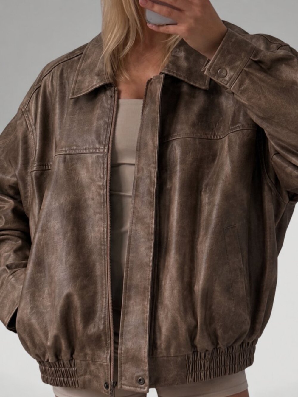 NWT Distressed Brown Vegan Leather Bomber Jacket – Size S